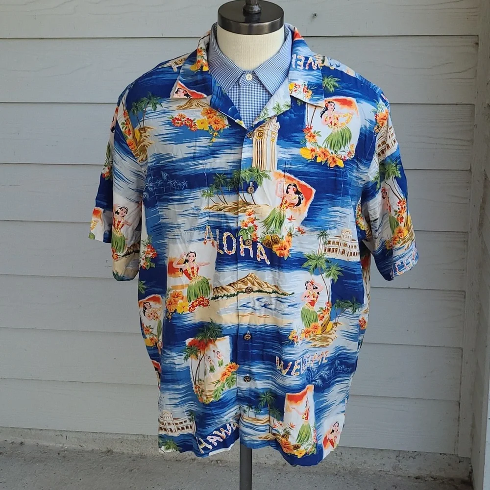 POLO RALPH LAUREN Vintage Camp Blue Aloha Beach XL Short Sleeve Hawaiian Shirt